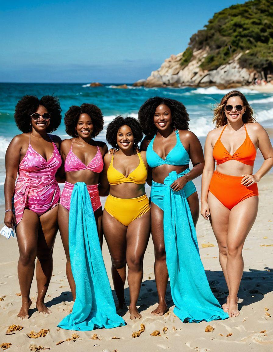 A diverse group of confident individuals of various body types joyfully modeling vibrant swimwear on a sunny beach, showcasing styles that embrace body positivity. The scene should include colorful towels, playful beach accessories, and sparkling waves in the background, creating a celebratory atmosphere. Emphasize their smiles and self-expression, highlighting variety and inclusivity in swimwear. bright colors. cheerful vibe. summery atmosphere. high contrast.