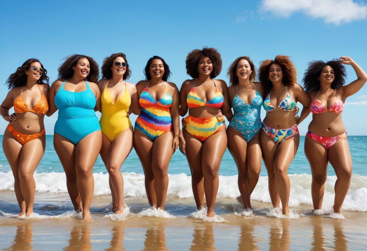 A group of diverse individuals of various body types joyfully wearing colorful swimwear on a sunny beach, showcasing confidence and body positivity. They can be engaging in fun activities like splashing in the waves or laughing together, with a bright blue sky and gentle ocean in the background. Emphasize vibrant colors and a lively atmosphere to capture the spirit of the movement. super-realistic. vibrant colors. cheerful ambiance.