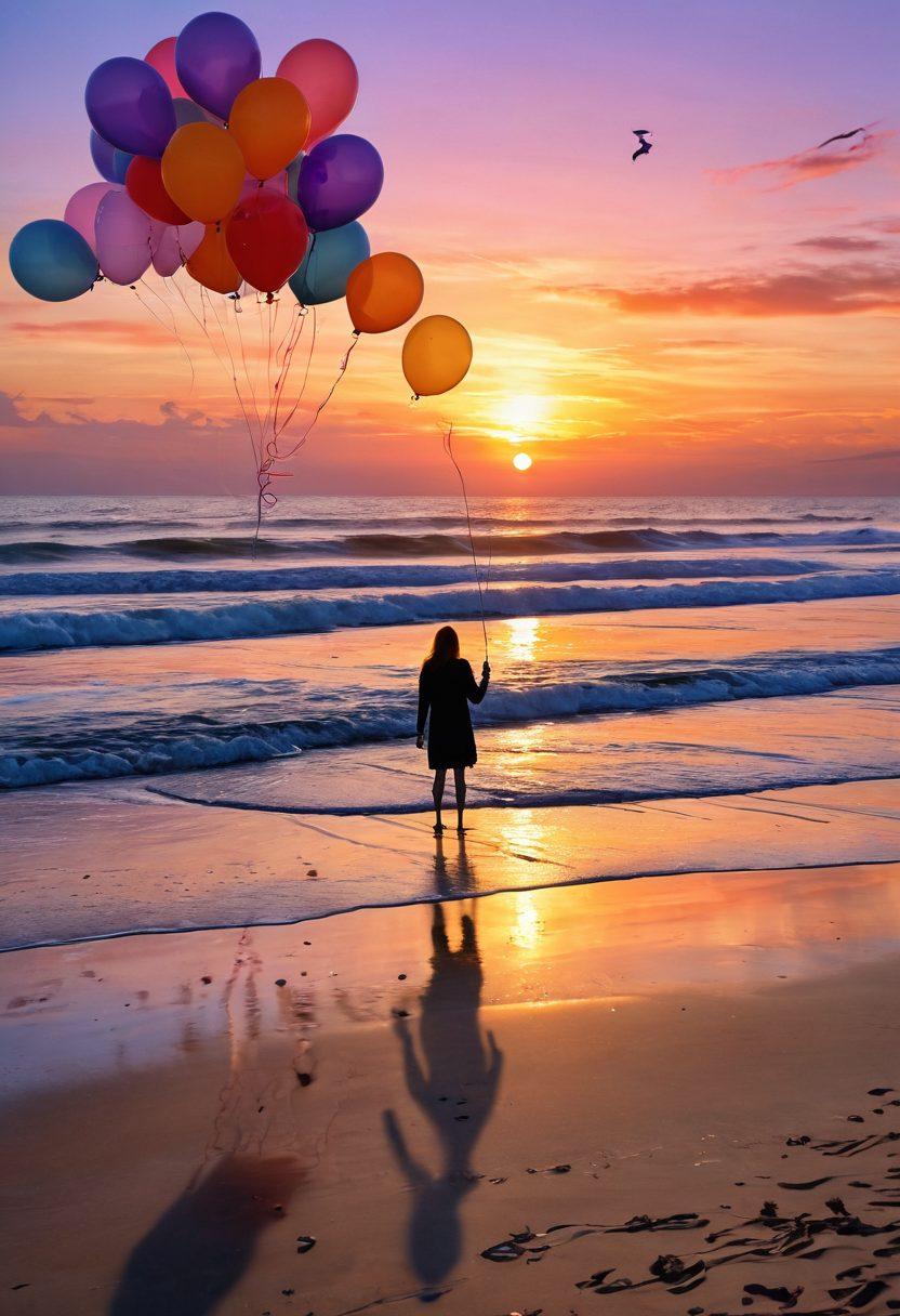 A serene beach scene at sunset, where a figure stands at the water's edge, releasing colorful balloons that symbolize transformation from sadness to joy. Soft waves wash over the sand, with shades of orange, pink, and purple illuminating the sky. Surrounding the figure are scattered art supplies like paintbrushes and sketchbooks, representing self-expression. Gentle seagulls soar overhead, adding a sense of freedom and hope. vibrant colors. super-realistic.